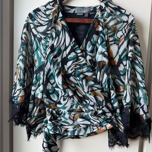 Anthropologie Green and White Asymmetrical Wrap Blouse